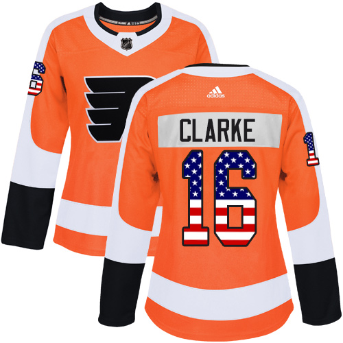 Women's Adidas Philadelphia Flyers #16 Bobby Clarke Authentic Orange USA Flag Fashion NHL Jersey