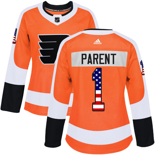 Women's Adidas Philadelphia Flyers #1 Bernie Parent Authentic Orange USA Flag Fashion NHL Jersey