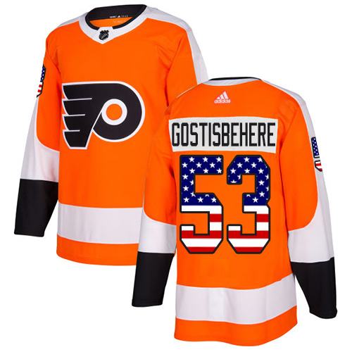 Men's Adidas Philadelphia Flyers #53 Shayne Gostisbehere Authentic Orange USA Flag Fashion NHL Jersey