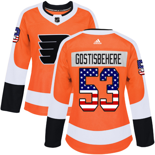 Women's Adidas Philadelphia Flyers #53 Shayne Gostisbehere Authentic Orange USA Flag Fashion NHL Jersey