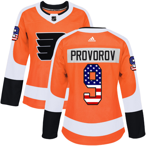 Women's Adidas Philadelphia Flyers #9 Ivan Provorov Authentic Orange USA Flag Fashion NHL Jersey