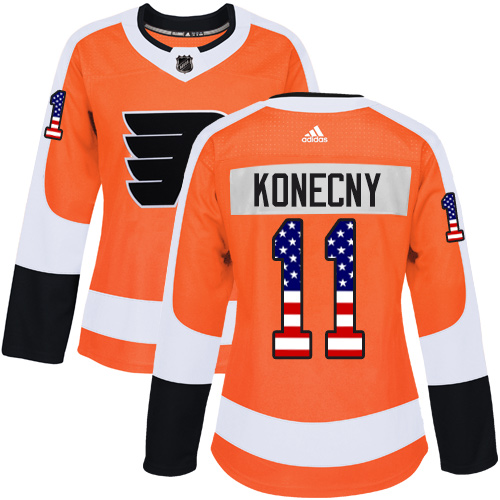 Women's Adidas Philadelphia Flyers #11 Travis Konecny Authentic Orange USA Flag Fashion NHL Jersey