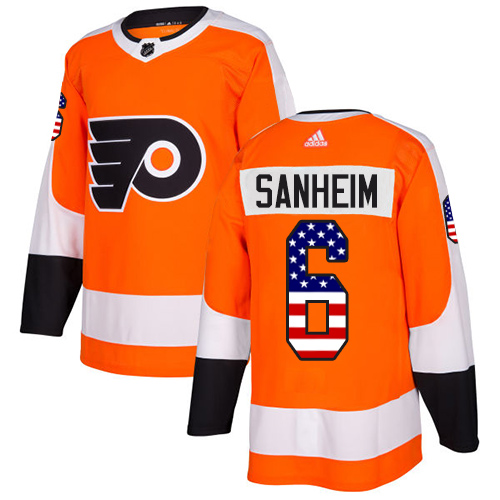 Men's Adidas Philadelphia Flyers #6 Travis Sanheim Authentic Orange USA Flag Fashion NHL Jersey