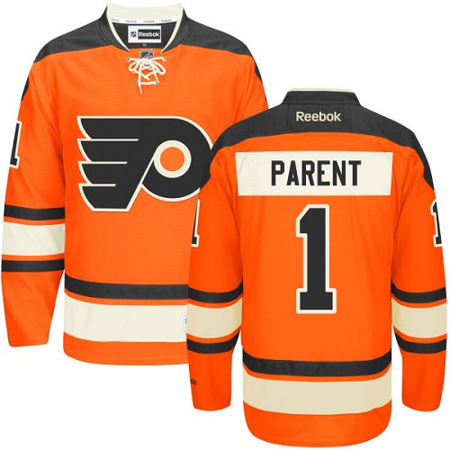 Men's Reebok Philadelphia Flyers #1 Bernie Parent Premier Orange New Third NHL Jersey