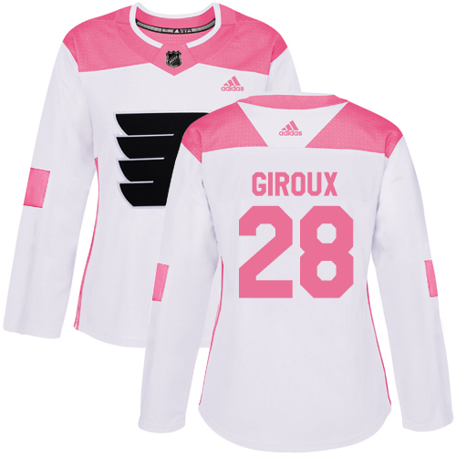 Women's Adidas Philadelphia Flyers #28 Claude Giroux Authentic White/Pink Fashion NHL Jersey