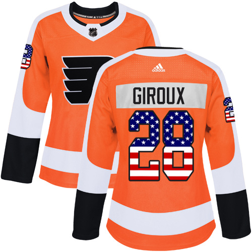 Women's Adidas Philadelphia Flyers #28 Claude Giroux Authentic Orange USA Flag Fashion NHL Jersey