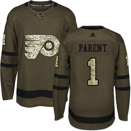 Men's Adidas Philadelphia Flyers #1 Bernie Parent Authentic Green Salute to Service NHL Jersey