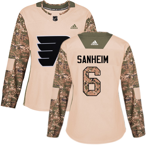 Women's Adidas Philadelphia Flyers #6 Travis Sanheim Authentic Camo Veterans Day Practice NHL Jersey