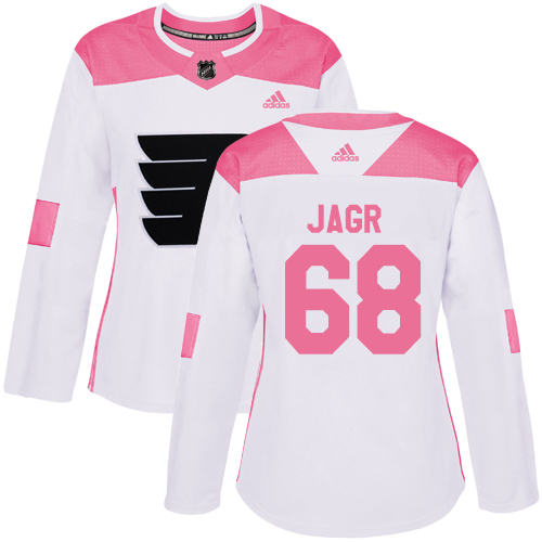 Women's Adidas Philadelphia Flyers #68 Jaromir Jagr Authentic White/Pink Fashion NHL Jersey