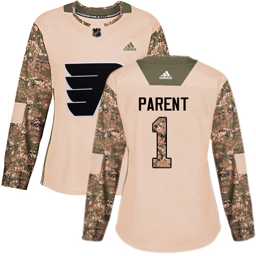 Women's Adidas Philadelphia Flyers #1 Bernie Parent Authentic Camo Veterans Day Practice NHL Jersey