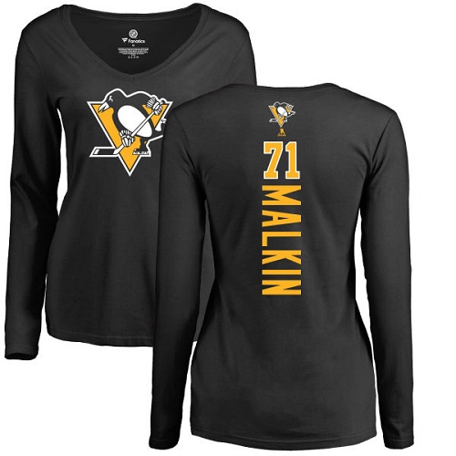 NHL Women's Adidas Pittsburgh Penguins #71 Evgeni Malkin Black Backer Long Sleeve T-Shirt