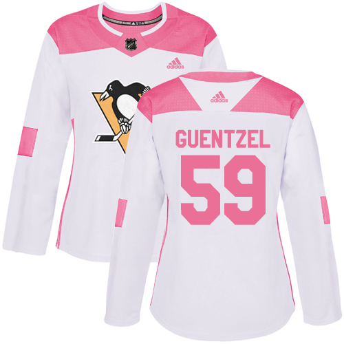 Women's Adidas Pittsburgh Penguins #59 Jake Guentzel Authentic White/Pink Fashion NHL Jersey