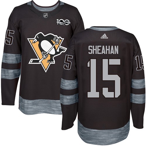 Men's Adidas Pittsburgh Penguins #15 Riley Sheahan Authentic Black 1917-2017 100th Anniversary NHL Jersey