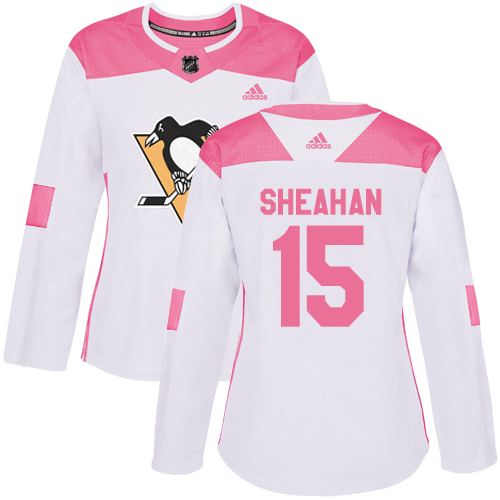 Women's Adidas Pittsburgh Penguins #15 Riley Sheahan Authentic White/Pink Fashion NHL Jersey