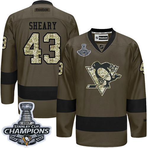 Men's Adidas Pittsburgh Penguins #43 Conor Sheary Authentic Green Salute to Service 2017 Stanley Cup Champions NHL Jersey