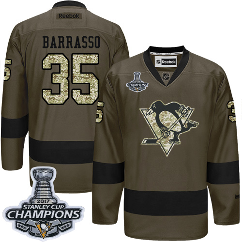 Men's Adidas Pittsburgh Penguins #35 Tom Barrasso Authentic Green Salute to Service 2017 Stanley Cup Champions NHL Jersey