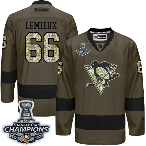 Men's Adidas Pittsburgh Penguins #66 Mario Lemieux Authentic Green Salute to Service 2017 Stanley Cup Champions NHL Jersey