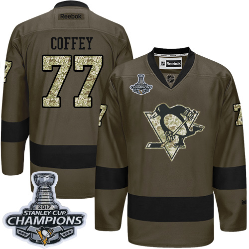 Men's Adidas Pittsburgh Penguins #77 Paul Coffey Premier Green Salute to Service 2017 Stanley Cup Champions NHL Jersey