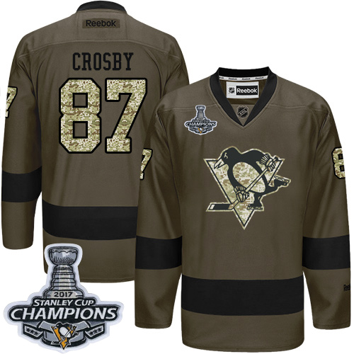 Men's Adidas Pittsburgh Penguins #87 Sidney Crosby Authentic Green Salute to Service 2017 Stanley Cup Champions NHL Jersey
