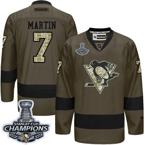 Men's Adidas Pittsburgh Penguins #7 Paul Martin Authentic Green Salute to Service 2017 Stanley Cup Champions NHL Jersey