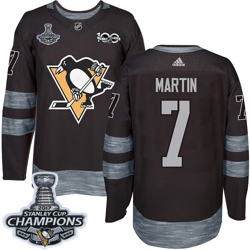 Men's Adidas Pittsburgh Penguins #7 Paul Martin Premier Black 1917-2017 100th Anniversary 2017 Stanley Cup Champions NHL Jersey