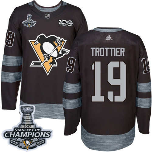 Men's Adidas Pittsburgh Penguins #19 Bryan Trottier Authentic Black 1917-2017 100th Anniversary 2017 Stanley Cup Champions NHL Jersey