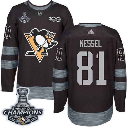 Men's Adidas Pittsburgh Penguins #81 Phil Kessel Authentic Black 1917-2017 100th Anniversary 2017 Stanley Cup Champions NHL Jersey