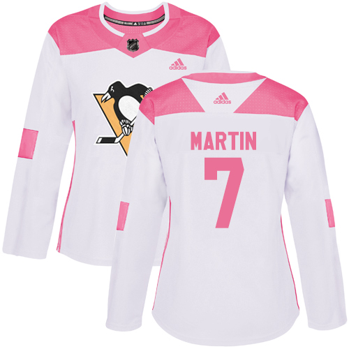 Women's Adidas Pittsburgh Penguins #7 Paul Martin Authentic White/Pink Fashion NHL Jersey