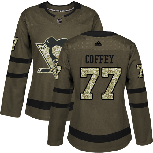 Women's Adidas Pittsburgh Penguins #77 Paul Coffey Authentic Green Salute to Service NHL Jersey