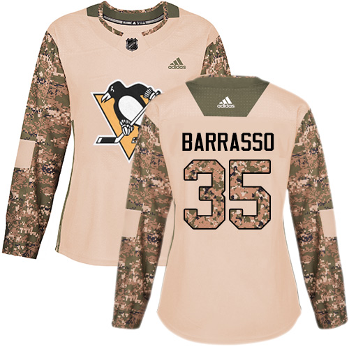 Women's Adidas Pittsburgh Penguins #35 Tom Barrasso Authentic Camo Veterans Day Practice NHL Jersey