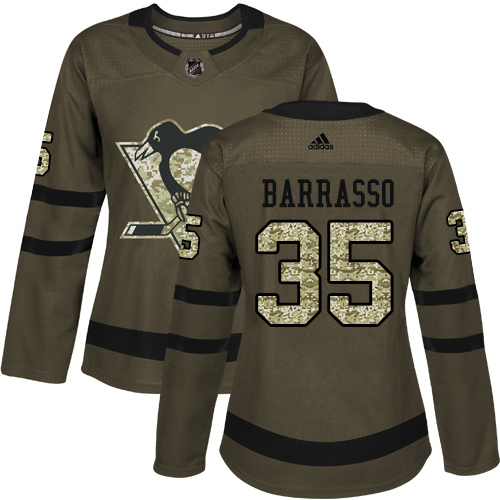 Women's Adidas Pittsburgh Penguins #35 Tom Barrasso Authentic Green Salute to Service NHL Jersey