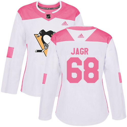 Women's Adidas Pittsburgh Penguins #68 Jaromir Jagr Authentic White/Pink Fashion NHL Jersey