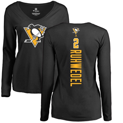 NHL Women's Adidas Pittsburgh Penguins #2 Chad Ruhwedel Black Backer Long Sleeve T-Shirt