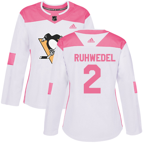 Women's Adidas Pittsburgh Penguins #2 Chad Ruhwedel Authentic White/Pink Fashion NHL Jersey