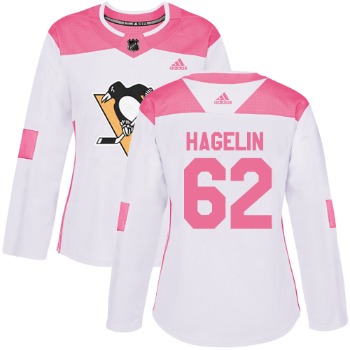Women's Adidas Pittsburgh Penguins #62 Carl Hagelin Authentic White/Pink Fashion NHL Jersey