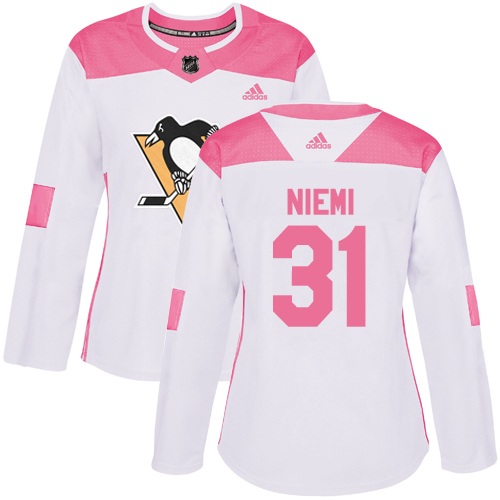 Women's Adidas Pittsburgh Penguins #31 Antti Niemi Authentic White/Pink Fashion NHL Jersey