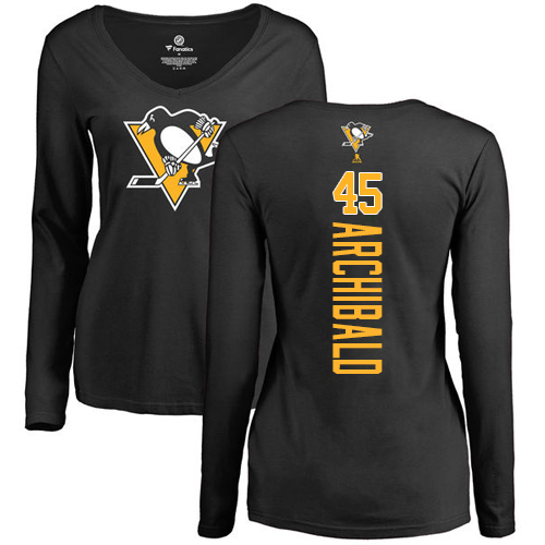 NHL Women's Adidas Pittsburgh Penguins #45 Josh Archibald Black Backer Long Sleeve T-Shirt