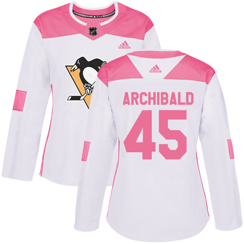 Women's Adidas Pittsburgh Penguins #45 Josh Archibald Authentic White/Pink Fashion NHL Jersey