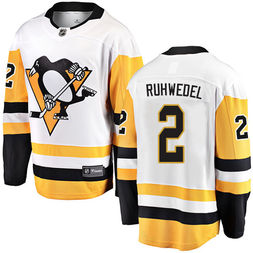 Men's Pittsburgh Penguins #2 Chad Ruhwedel Authentic White Away Fanatics Branded Breakaway NHL Jersey