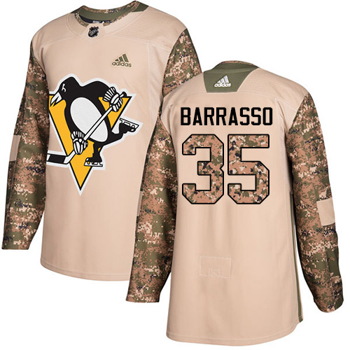 Men's Adidas Pittsburgh Penguins #35 Tom Barrasso Authentic Camo Veterans Day Practice NHL Jersey