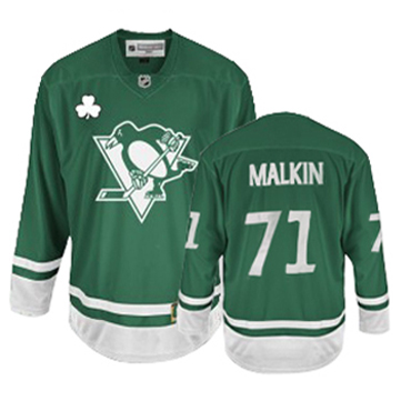 Men's Reebok Pittsburgh Penguins #71 Evgeni Malkin Authentic Green St Patty's Day NHL Jersey