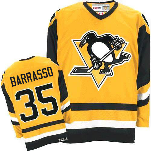Men's CCM Pittsburgh Penguins #35 Tom Barrasso Authentic Yellow Throwback NHL Jersey