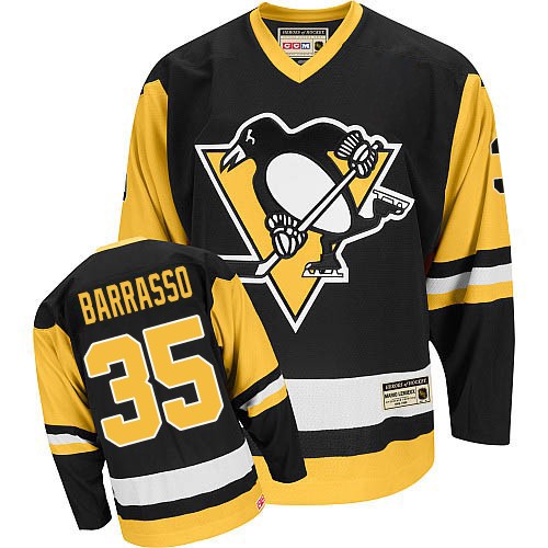 Men's CCM Pittsburgh Penguins #35 Tom Barrasso Authentic Black Throwback NHL Jersey