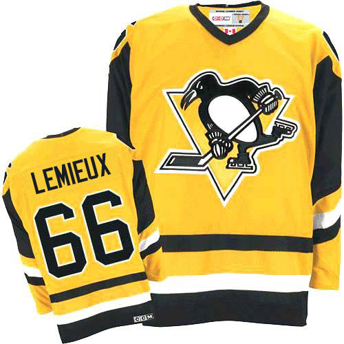 Men's CCM Pittsburgh Penguins #66 Mario Lemieux Authentic Yellow Throwback NHL Jersey
