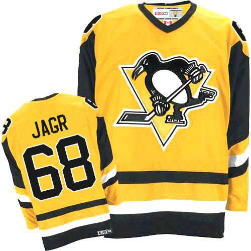 Men's CCM Pittsburgh Penguins #68 Jaromir Jagr Authentic Yellow Throwback NHL Jersey