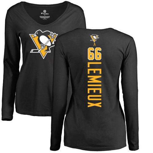 NHL Women's Adidas Pittsburgh Penguins #66 Mario Lemieux Black Backer Long Sleeve T-Shirt