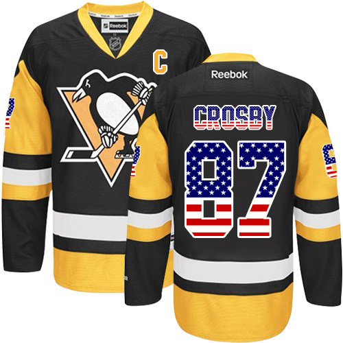 Men's Reebok Pittsburgh Penguins #87 Sidney Crosby Authentic Black/Gold USA Flag Fashion NHL Jersey