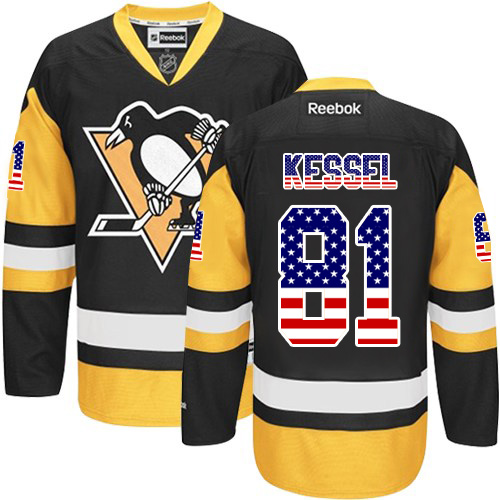 Men's Reebok Pittsburgh Penguins #81 Phil Kessel Authentic Black/Gold USA Flag Fashion NHL Jersey