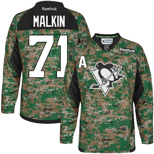Men's Reebok Pittsburgh Penguins #71 Evgeni Malkin Premier Camo Veterans Day Practice NHL Jersey