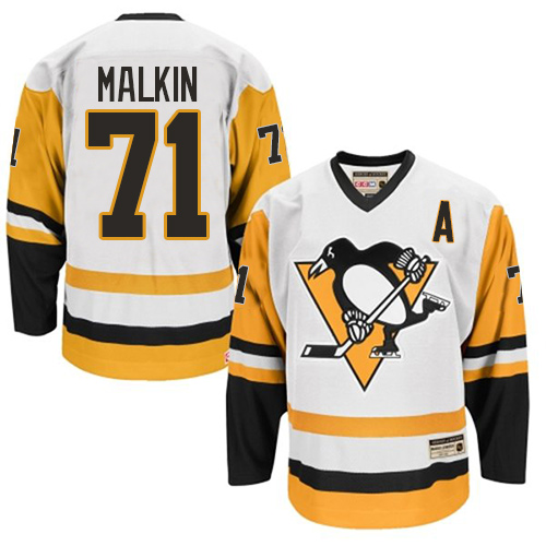 Men's CCM Pittsburgh Penguins #71 Evgeni Malkin Authentic White Throwback NHL Jersey